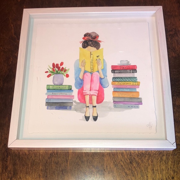 Watercolor hanging Art Girl Reading Books Tulips Paris London Original - Picture 2 of 16